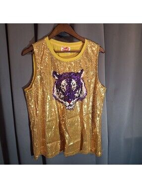 Sparkle City Gold Sequin Sleeveless Top with Tiger Design XXL
